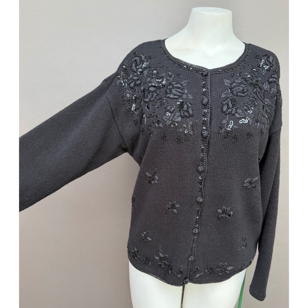 Vintage Heirloom Beaded‎ Cardigan Sweater M Black Floral Sequin Evening Shrug